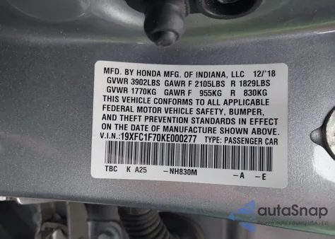 2019 Honda Civic Ex-L from USA, damaged, VIN 19XFC1F70KE000277
